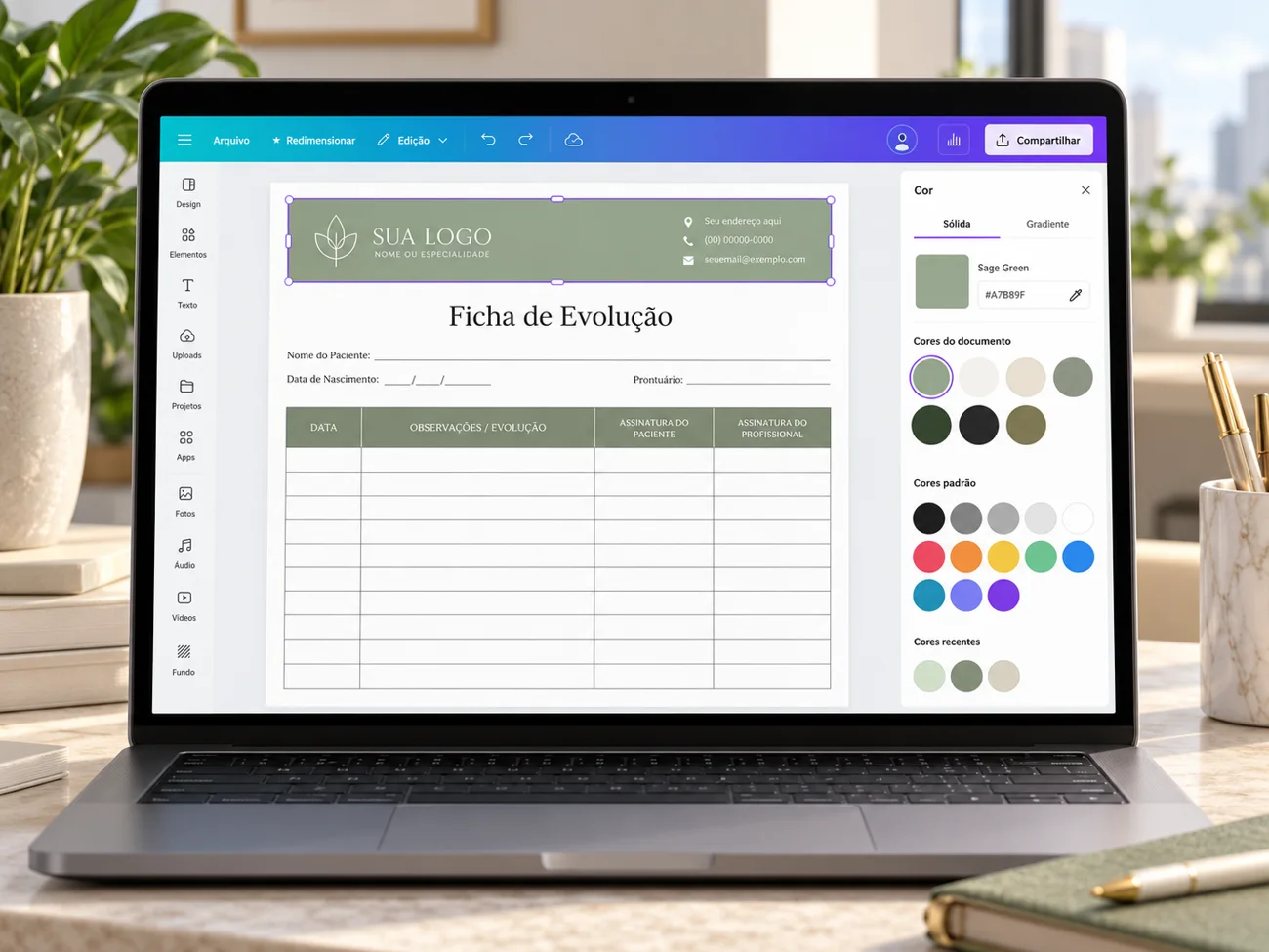 Ficha de Evolução aberta no Canva, com a cor da faixa selecionada