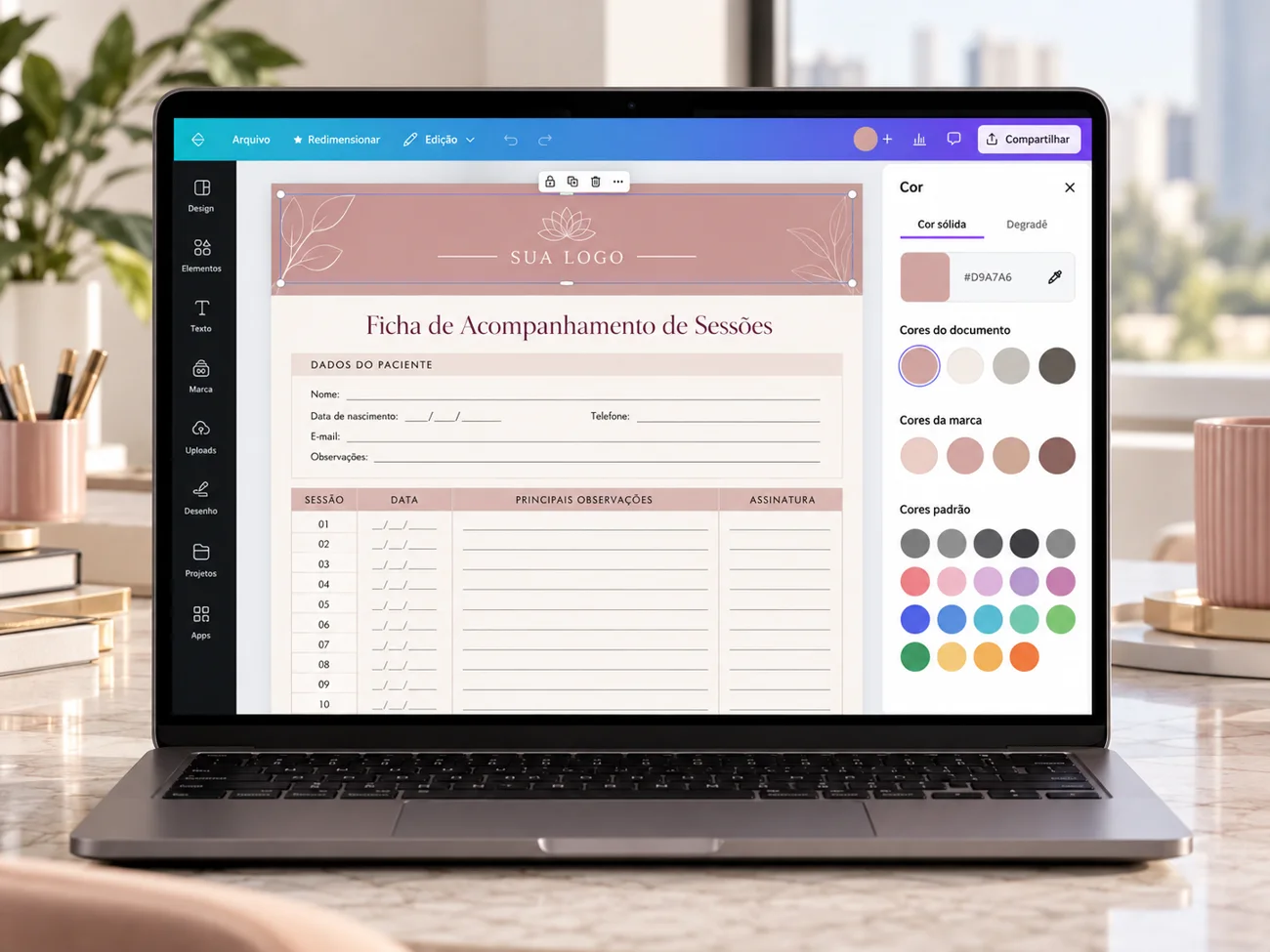 Acompanhamento de Sessões personalizado em tom rosé no Canva